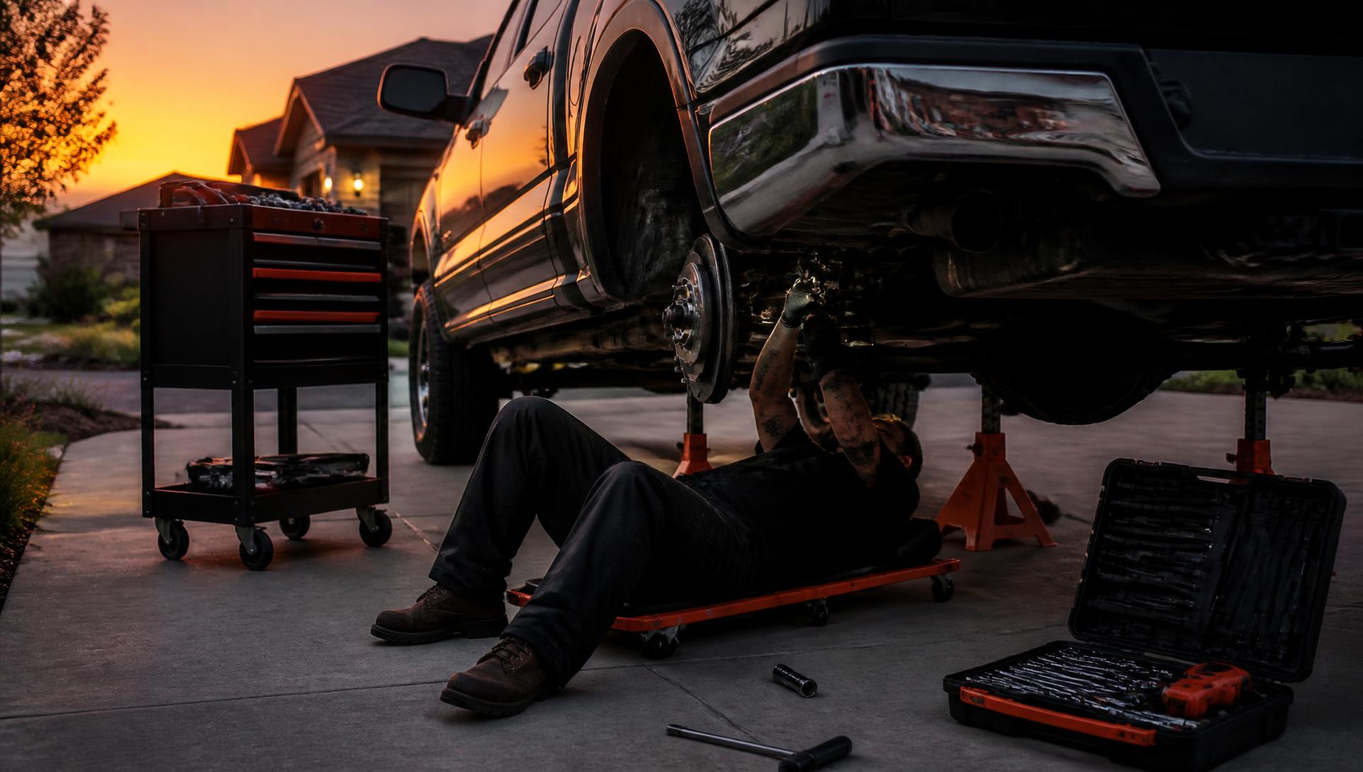 Mad Mike's mechanic working on a truck in a Friendswood driveway at sunset